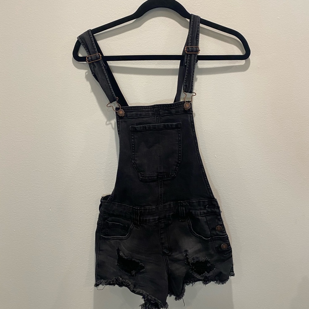 Black stretchy denim overalls